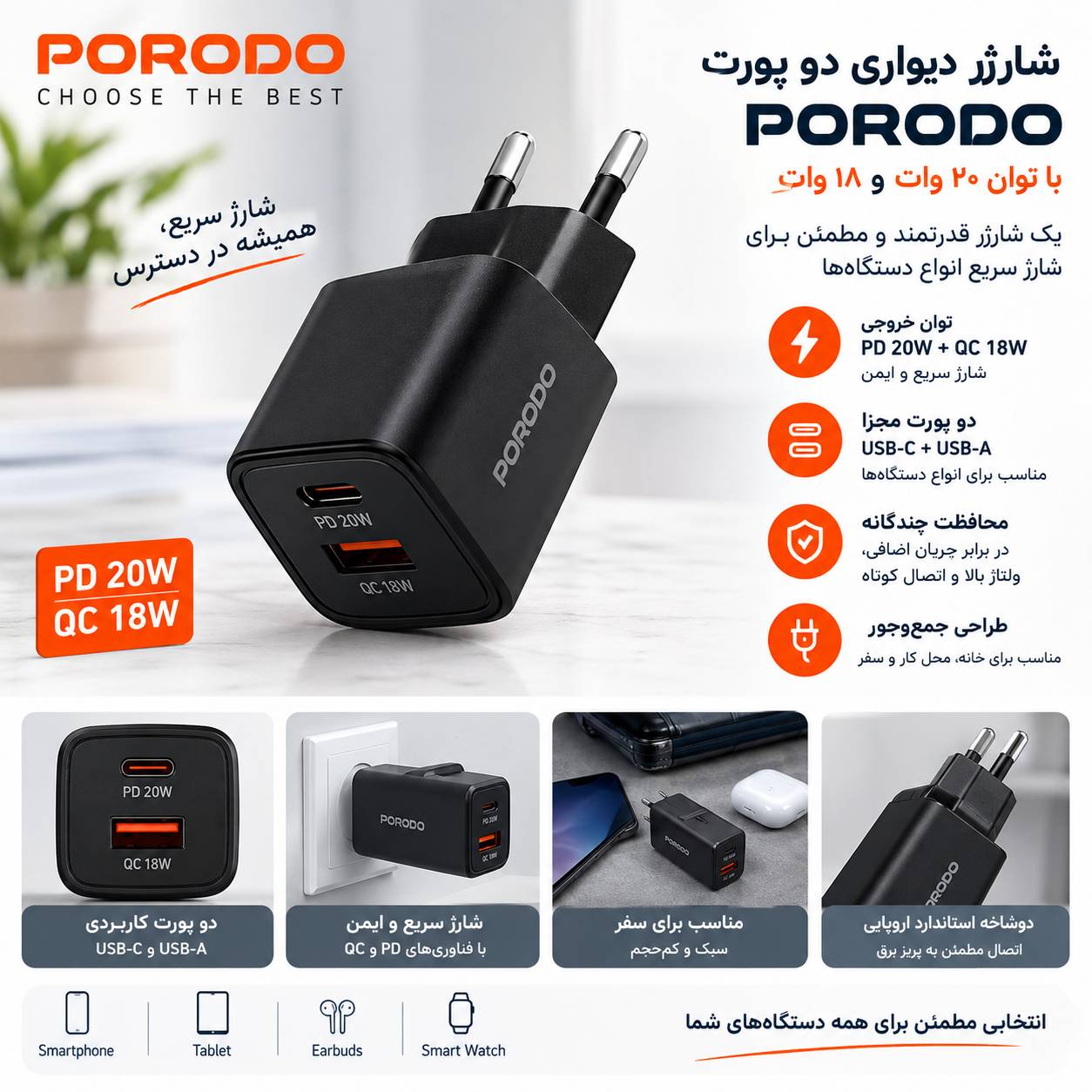 شارژر دیواری دو پورت PORODO GaN مدل PWC6000